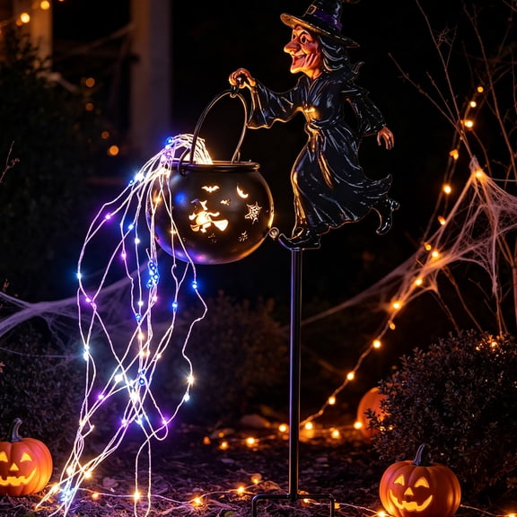 Halloween Witch Cauldron Garden Stake Light, 31" Flying Witch Waterfall Rainbow LED & Shadow Projector, Spooky Outdoor Yard Decor for Patio Lawn Pathway