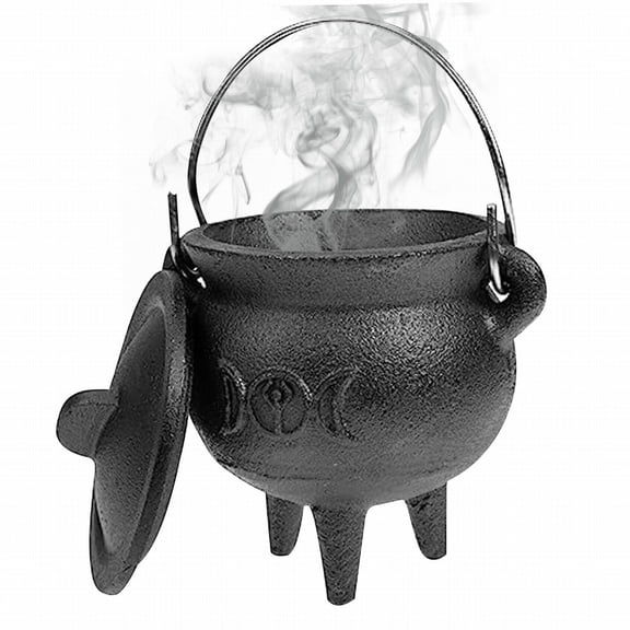 Halloween Witch Cauldron With Lid And Handle, 3.94 X 2.95 X 2.95 Inches Iron Cauldron For Candle Incense Burning, Triple Moon Phase Cauldron Pot For Witchcraft Spells & Halloween Decor, Moon