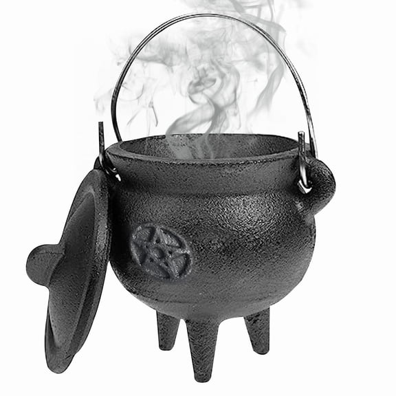 Halloween Witch Cauldron with Lid & Handle, 3x4Inch Metal Triple Moon Incense Burning Pot, Halloween Witch Candle Holder Table Centerpiece Decor for Ritual Party Layout(A)