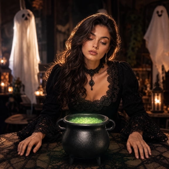 Halloween Witch Cauldron Pot Decoration Spooky Bubbling Green Potion Tabletop Centerpiece Kitchen Mantel Shelf Party Holiday Gothic Decor Gift