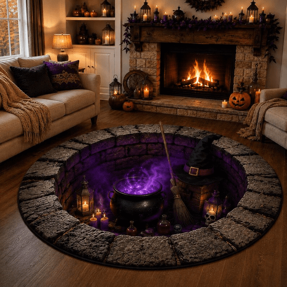 Halloween Witch Cauldron Round Rug with Purple Magic and Stone Dungeon Design