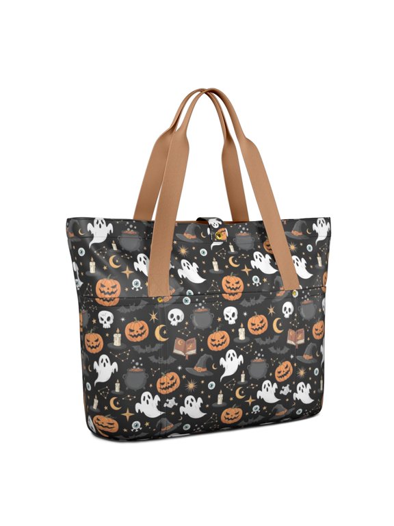 Halloween Witch Cauldron Spell Book Large Tote Bag for Women, Polyester Roomy Shoulder Bag with Pockets and Zipper, Water Resistant Gifts Ideas for Christmas Birthday