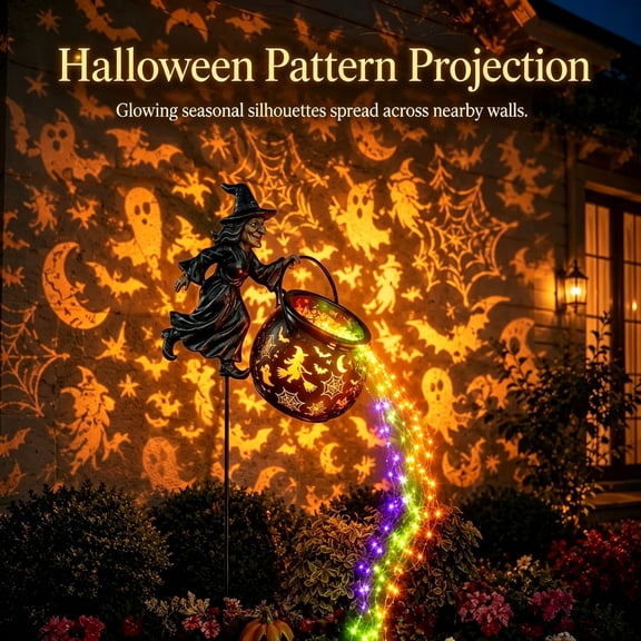 Halloween Witch Cauldron Yard Stake Light – Cascading Multicolor Waterfall String Lights with Ghost Bat Moon Projection – Waterproof Outdoor Decoration for Lawn Garden and Front Porch