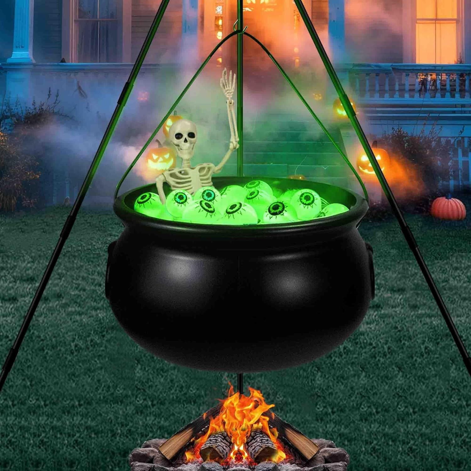 Halloween Witch Cauldron with Tripod, Lighted Eyeballs, Skeleton and Filling Cotton, Outdoor and Indoor Yard, Porch and Party Decoration