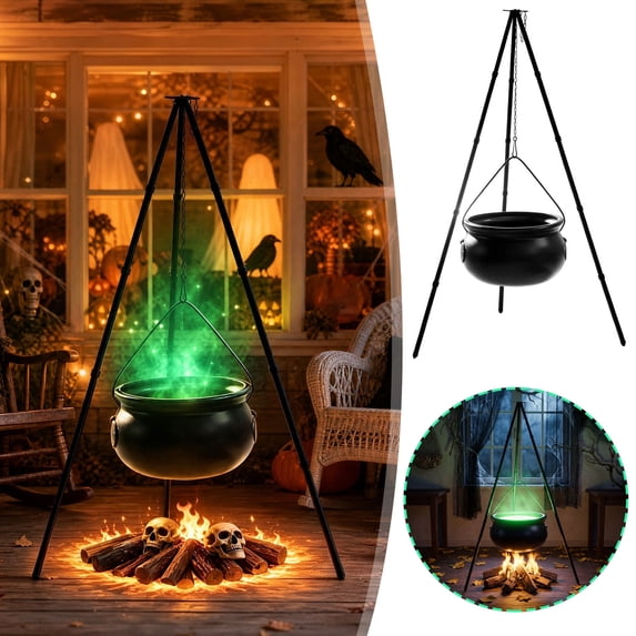 Halloween Witch Cauldron with Tripod and Light, Medium Witch Pot Decor for Porch Yard Party (11.42x11.42x6.3in)
