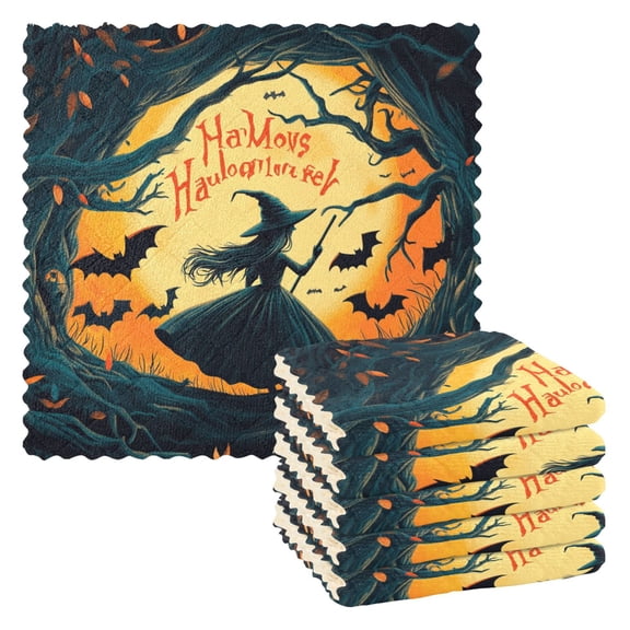 Halloween Witch Comic Style Kitchen Cloth Dish Towels for Drying Washing Absorbent Dish Rags 6 Pack