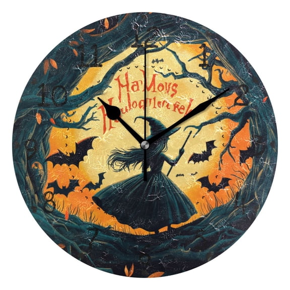 Halloween Witch Comic Style Round Wall Clock Silent Battery Operated Home Decor for Living Room Bedroom