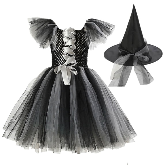 Halloween Witch Costume Dress for Kids Girls, Toddler Flutter Sleeve Dress Print, , Grey 2-3 Years
