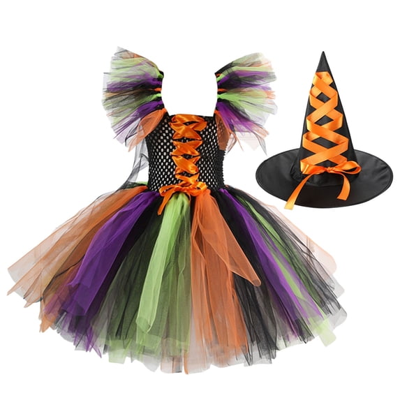 Halloween Witch Costume Dress for Kids Girls, Toddler Flutter Sleeve Dress Print, , Orange 4Y
