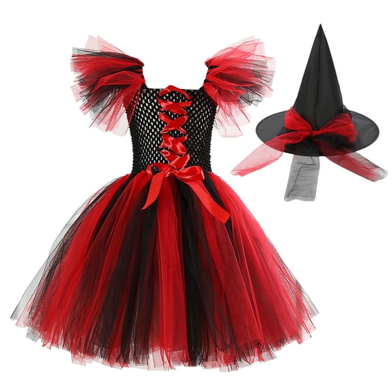 Halloween Witch Costume Dress for Kids Girls, Toddler Flutter Sleeve Dress Print, , Red 2-3 Years