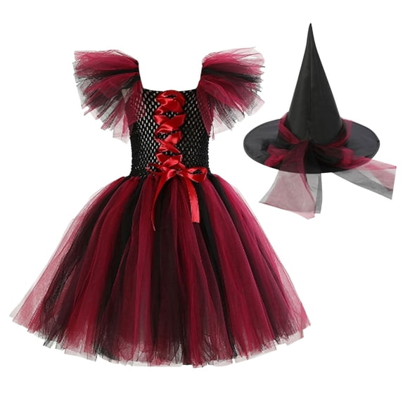Halloween Witch Costume Dress for Kids Girls, Toddler Flutter Sleeve Dress Print, , Wine 2-3 Years