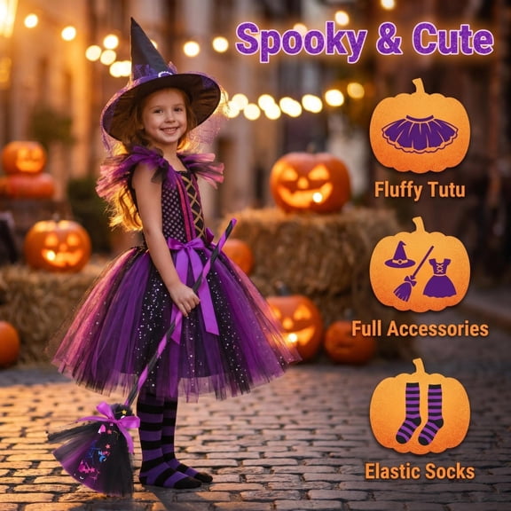Halloween Witch Costume Wizard Role Play Set with Mesh Tulle Dress for Festive Holiday Performances and Themed Party Events Soft Breathable Fabric Design Purple