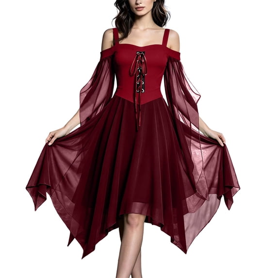 Halloween Witch Costume for Women, Off the Shoulder Dress, Adult Medieval Vampire Butterfly Sleeve Gothic Outfits for Halloween Cosplay Party
