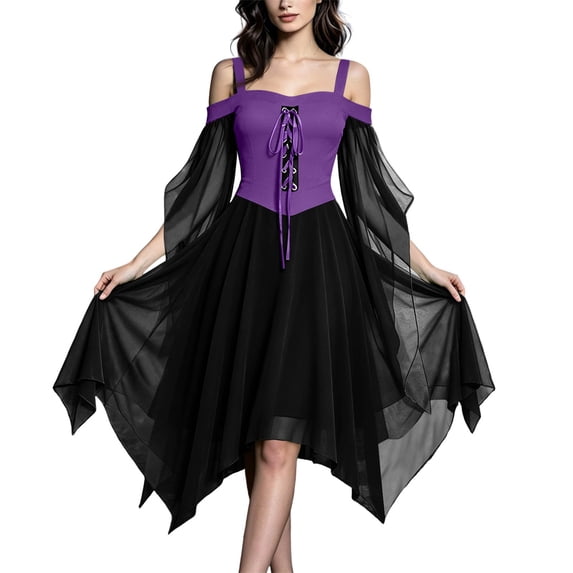 Halloween Witch Costume for Women, Off the Shoulder Dress, Adult Medieval Vampire Butterfly Sleeve Gothic Outfits for Halloween Cosplay Party