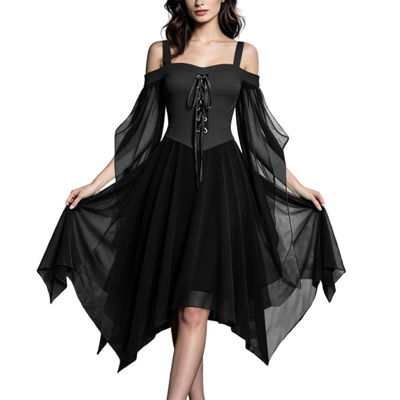 Halloween Witch Costume for Women, Off the Shoulder Dress, Adult Medieval Vampire Butterfly Sleeve Gothic Outfits for Halloween Cosplay Party