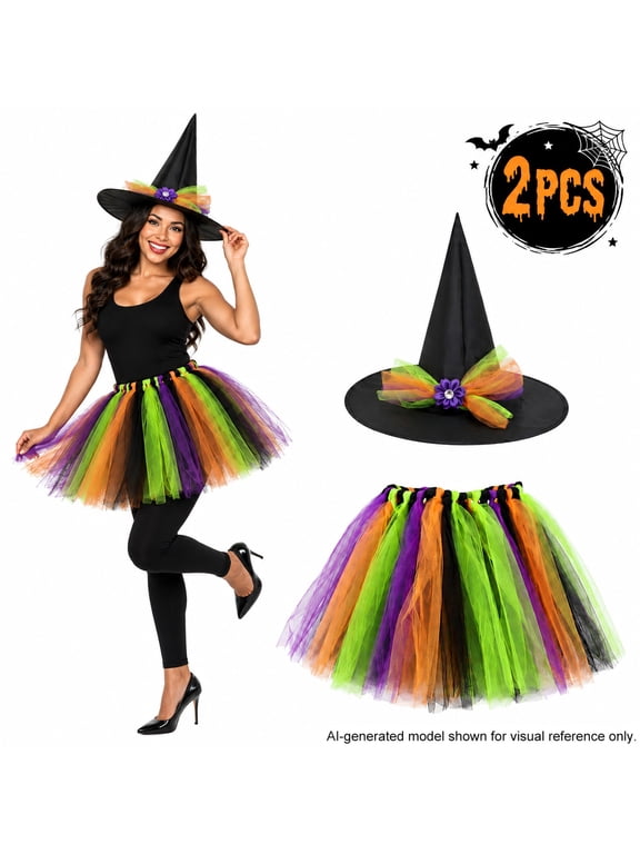 Halloween Witch Costume for Women Rainbow Witch Tutu Outfit Skirt Hat Free Size Halloween Party Dress Up Supplies Purple Set 1