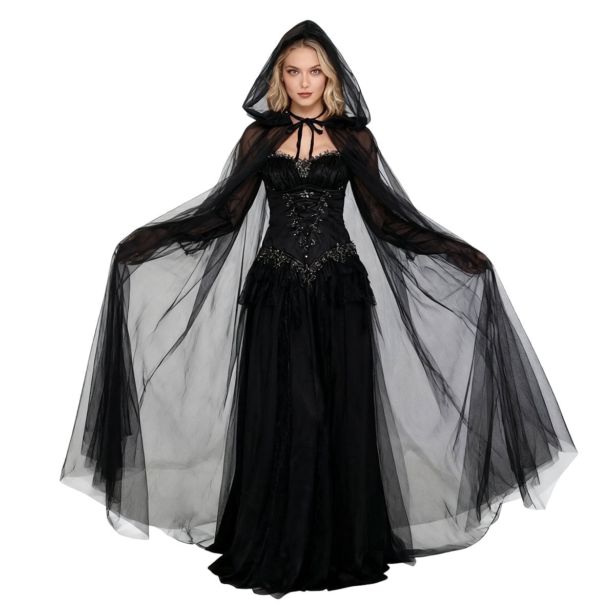 Cloak with Hood Black Tulle Witches Cape for Women Long Sheer Tulle Halloween Vampire Cape Gothic Ghost Robe Costume Party Supplies 1Pcs