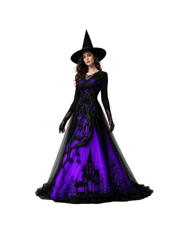 Halloween Witch Costumes for Women, Black Gothic Flowy Wedding Dresses Renaissance Costume Women for Bride Long Sleeve, Deep V Neck Lace Medieval Dress, Halloween Cosplay Dress Up