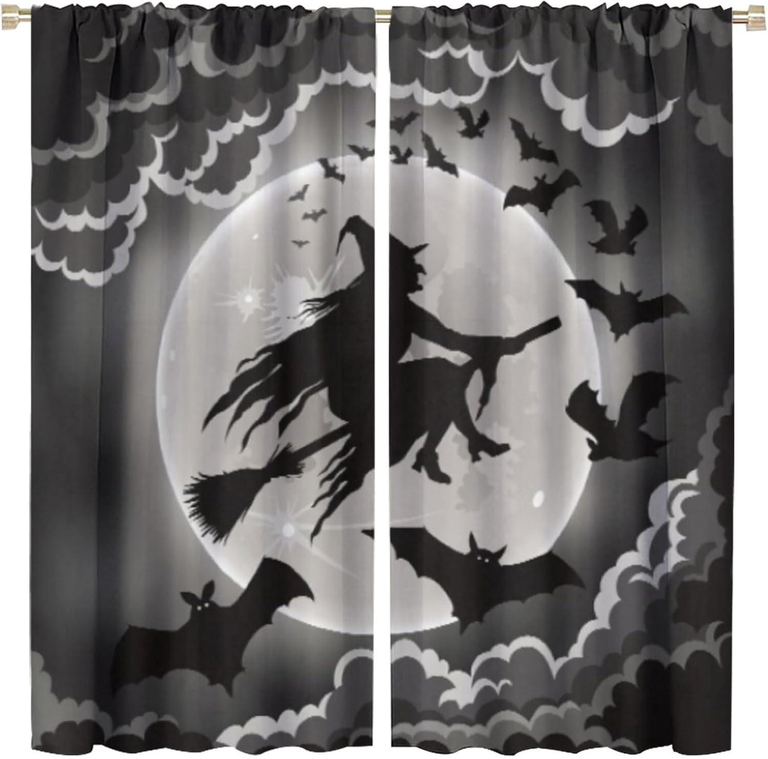 Halloween Witch Curtains,Each Panel W,Black Night Scary Bats Happy