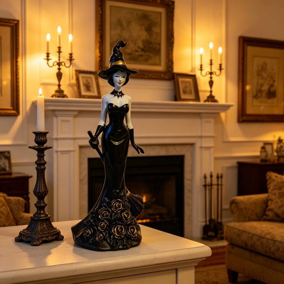Halloween Witch Decor Magic Witch Holding Broom Resin Witch Statue Gothic Farmhouse Home Decor Bookshelf/Desktop Decoration