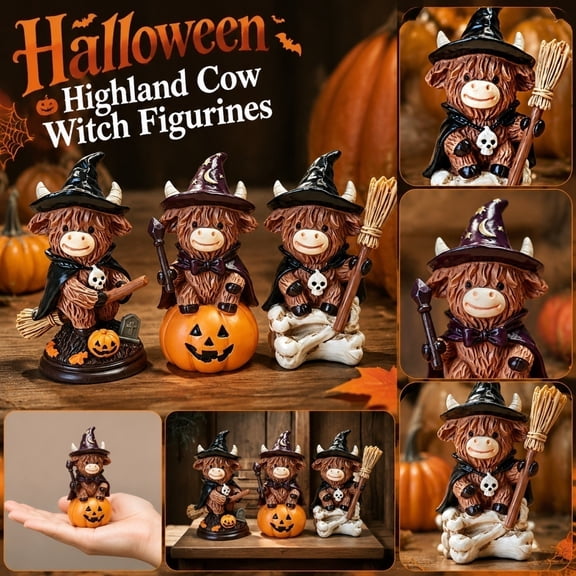 Halloween Witch Decor, Playful Jack O Lantern Base Design, Halloween Decorations for Home Indoor Party Display, Novelty Gift for Gothic Spooky Theme Fan, Resin Mini Highland Cow