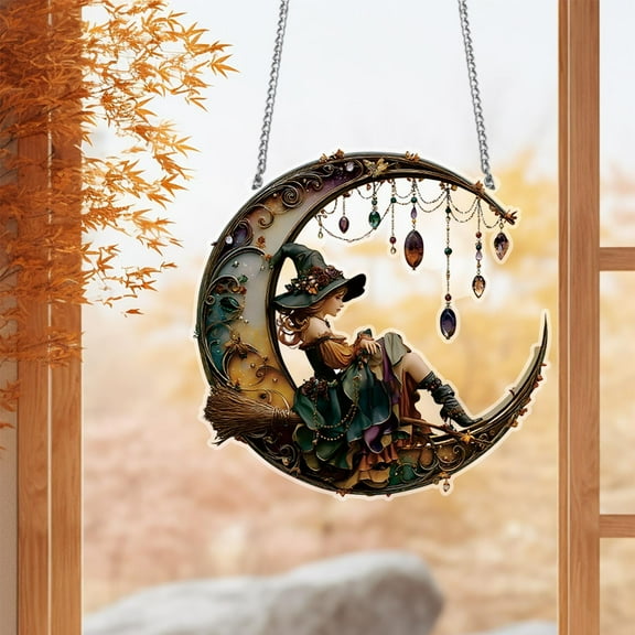 Halloween Witch Decoration,Witch Window Hanging Suncatcher Ornament, Moonlight Witch Acrylic Sun Catcher Window Hanging,Stained Glass Art Panel with Sparkling Diamond Decor,Halloween Home Wall Decor