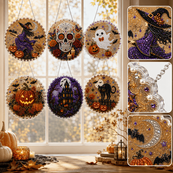 Halloween Witch Diamond Art Suncatcher Kit, 7.87 in DIY Rhinestone Painting Window Hanging Ornament with Crystal Beads, PET Charm and Chain for Door, Wall and Home Decor