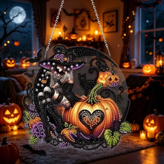 Halloween Witch Diamond Painting Kits,Horror Diamond Art Kits for Adults,Moon Skull Pumpkin Bats Witch Acrylic DIY Diamond Dots Kits,Halloween Gem Art Painting Kits for Home Wall Decor 9 inch
