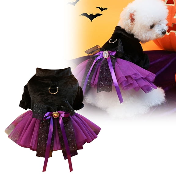 Halloween Witch Dog Dress,Gothic Lolita Pet Costume With Black Velvet Top, Purple Tutu Skirt & Bow Gem, Princess Outfit For Small Dogs Cats Puppy Party Wear