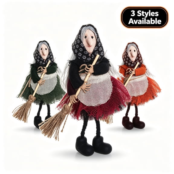Halloween Witch Doll Decor with Broomstick,Cute Kitchen Witch Hanging Doll Decor, Indoor Outdoor Halloween Decor for Home Party Porch, Spooky Fall Harvest Witch Figurine Party Decor Prop Holiday Gift