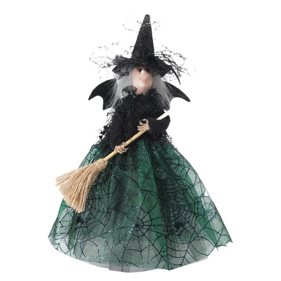 Halloween Witch Doll Decorations - Silk Fabric Tabletop Ornament, Broomstick Witch Figure for Mantel, Tree Topper & Party Centerpiece, Spooky Festive Decor