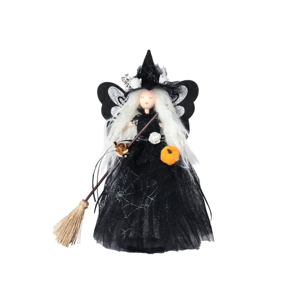 Halloween Witch Doll Figurine Decor, Black Dress Witch Ornament with Broom and Pumpkin, Scary Home Party Table Decoration for Shelf