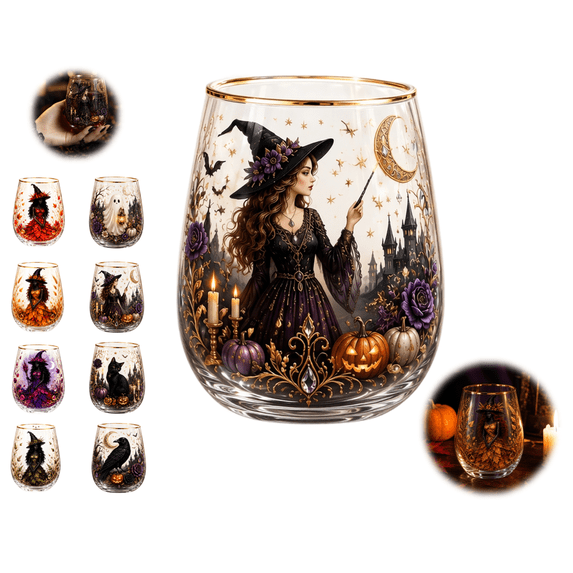 Halloween Witch Drinkware 4.2*2.7 Inch, Witchcore Glass, Spooky Season Drinkware, Halloween Gift,Orange Autumn Witch Themed Clear Tumbler Cup, Transparent Gothic Drinkware for Fall Decor