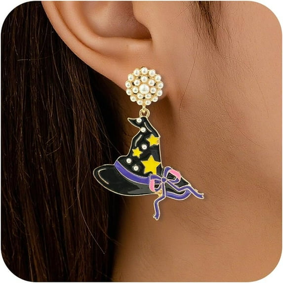Halloween Witch Earrings for Women Black Witch Hat Bow Dangle Earrings Statement Spooky Crucible Drop Earring Halloween Costume Party Jewelry Accessories