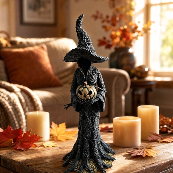 Halloween Witch Figurine Holding Pumpkin Lantern, Faceless Witch Resin Statue, Spooky Ghost Witch Tabletop Ornament for Halloween Home Decor