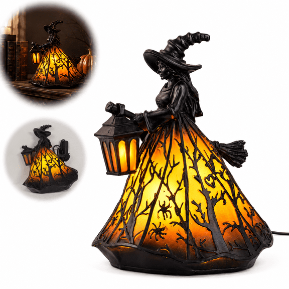 Halloween Witch Figurine Lamp, 6.3in Resin LED Table Night Light, USB Powered Black Gothic Shelf Decor, Party Outdoor Decor