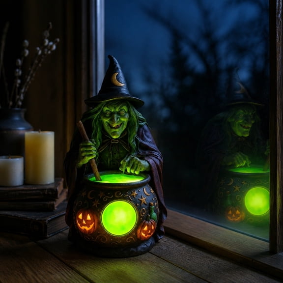 Halloween Witch Figurine Lamp, LED Lighted Cauldron Decor with USB Power, Spooky Home Party Tabletop Ornament