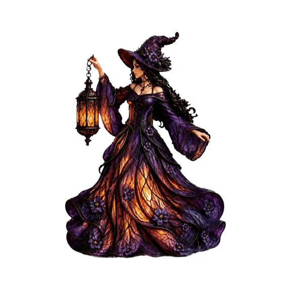 Halloween Witch Figurine with Lantern, Resin Tabletop Statue with Warm LED Light, Purple Robe Witch Decor for Halloween Mantel, Shelf and Desk Display, Halloween Gift for Home Party Decor