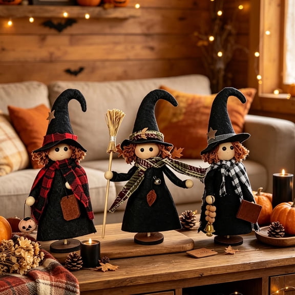 Halloween Witch Figurine Set, 3 Pcs Folk Art Witch Tabletop Statue, Pumpkin Shelf Display, Primitive Farmhouse Decor
