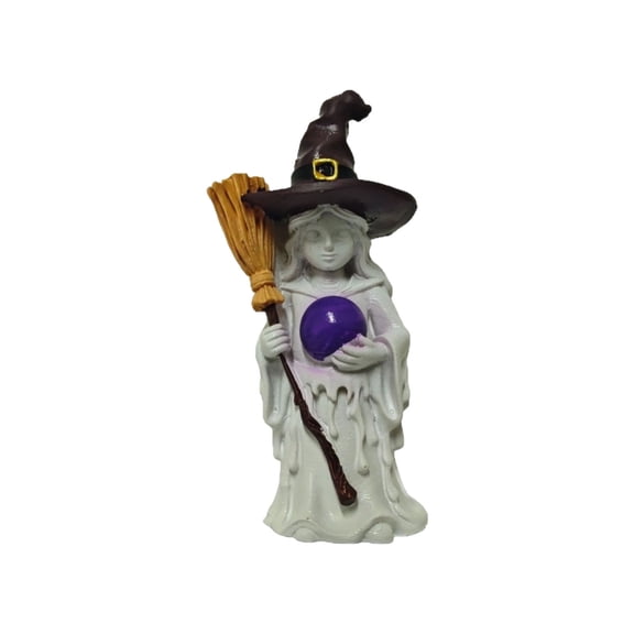 Halloween Witch Figurine Tabletop Ornaments-3.74" Magical Witch Figure with Broom, Hat and Crystal Ball-Hand Painted Resin Craft Statue-Holiday Party Gift