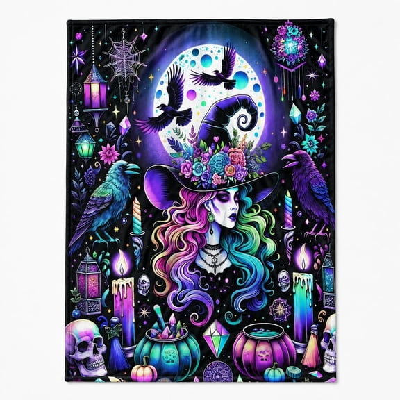 Halloween Witch Fleece Blanket, Neon Gothic Throw Blanket