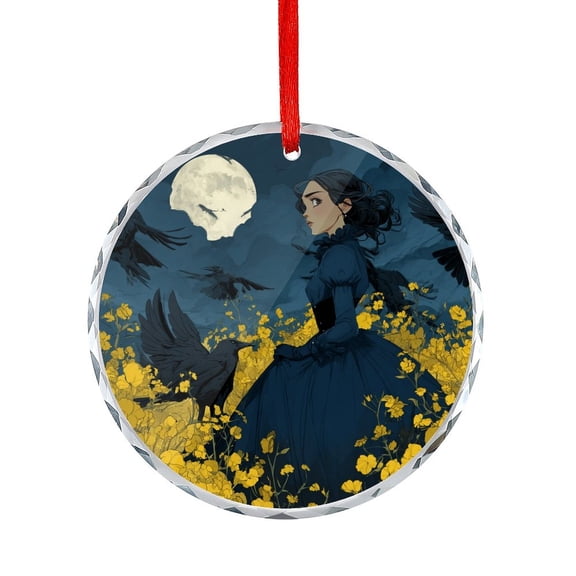 Halloween Witch Flower Bird Moon Crystal Glass Ornament Black Bird Colorful Flowers Round Glass Hanging Ornament Holiday Present Ideas
