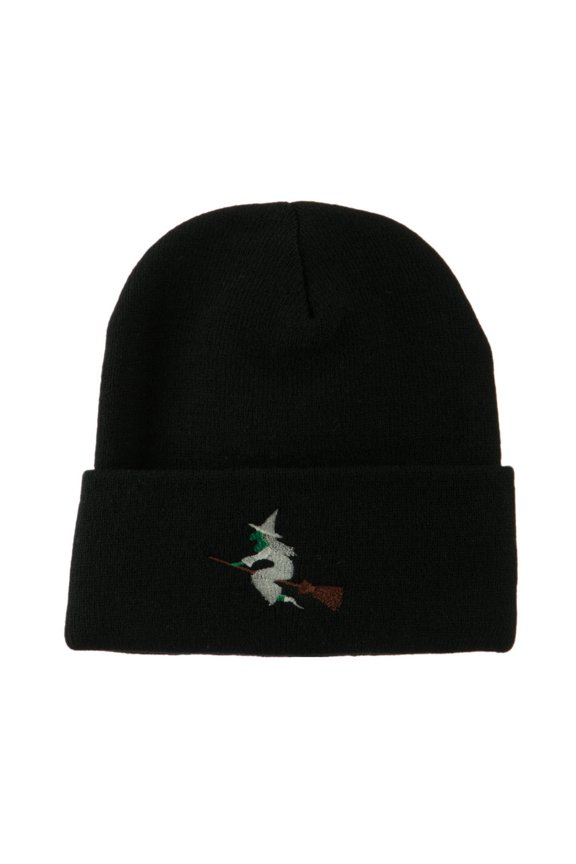 Halloween Witch Flying on a Broom Stick Embroidered Long Beanie - Black OSFM