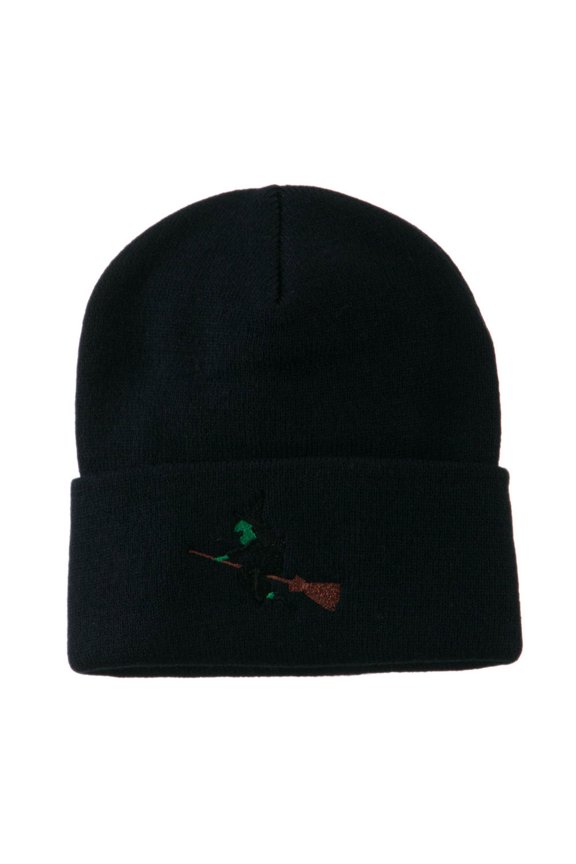 Halloween Witch Flying on a Broom Stick Embroidered Long Beanie - Navy OSFM