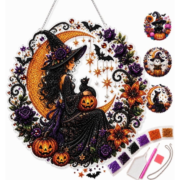 Halloween Witch Friendship Diamond Art Window Suncatcher - Halloween Pearl Art Kit, Double-Sided Acrylic Sun Catcher, Diamond Art Hanging Kits for Adults Beginners (#B)