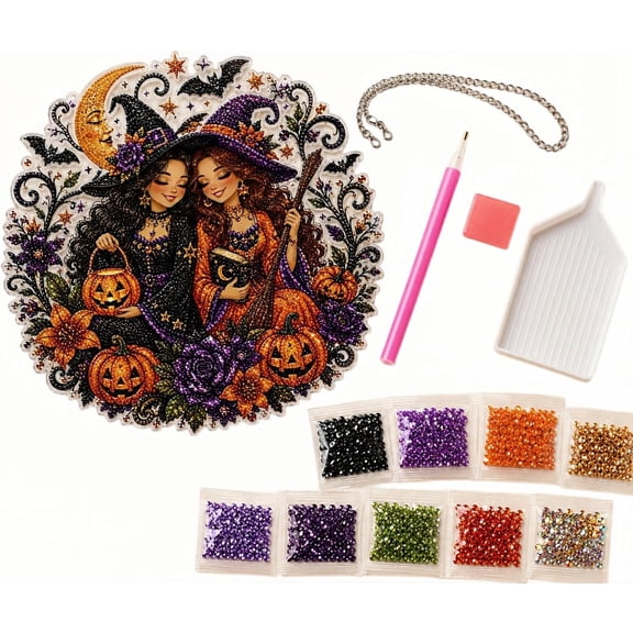 Halloween Witch Friendship Diamond Art Window Suncatcher Kit, DIY Hanging Witch Diamond Art Craft with Crystal Rhinestones, Halloween Diamonds Art Decoration for Window, Wall, Door