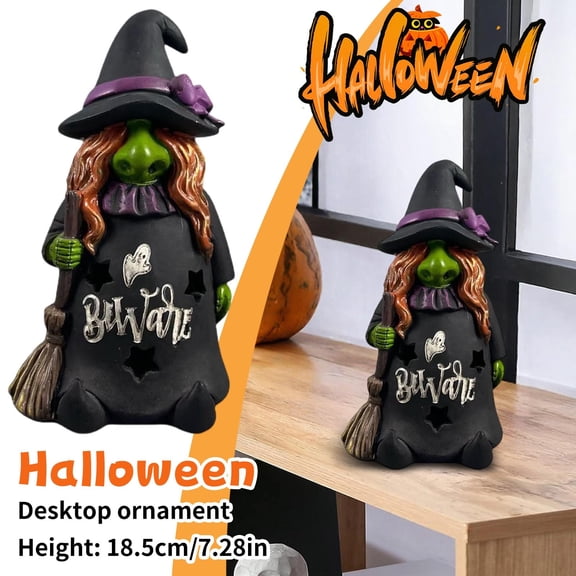 Halloween Witch Garden Gnome Decoration, Black and Purple, with Broom and Ghost Design