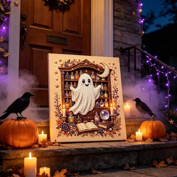 Halloween Witch Ghost Art Kit – Gothic Rhinestone Painting with Frame, Spooky Wall Decor (B)