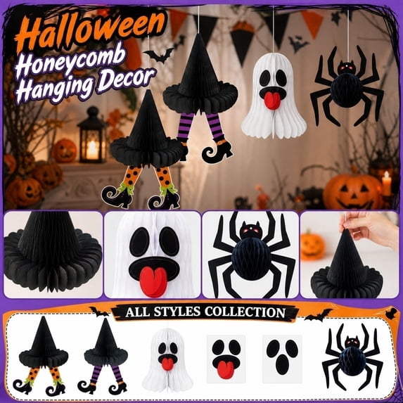 Halloween Witch Ghost and Spider Honeycomb Paper Hanging Decorations, Spooky Party Supplies for Indoor Home Decor, and Fall Festival , 1Pack A