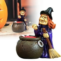 Halloween Witch Gnome Figurine, Resin Black Cauldron Witch Statue, Fall Gnome Ornament, Table Centerpiece Decor for Home, Living Room, Patio, Porch, Halloween Party